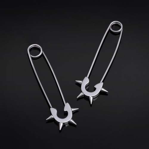 Stainless Steel Silver Spiked Safety Pin Earrings (Pair)