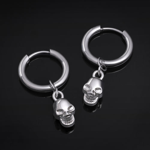Stainless Steel Silver Huggie Hoop Earrings With Skull Dangle (Pair)