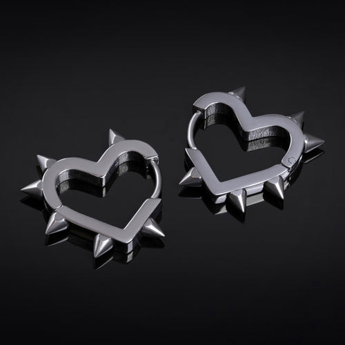 Stainless Steel Silver Spiked Heart Huggie Hoop Earrings (Pair)