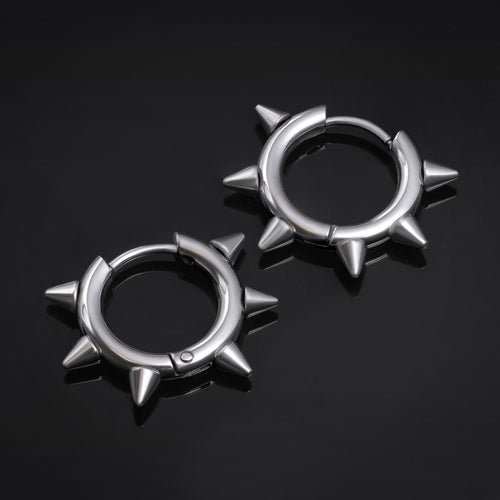 Stainless Steel Silver Spiked Huggie Hoop Earrings (Pair)
