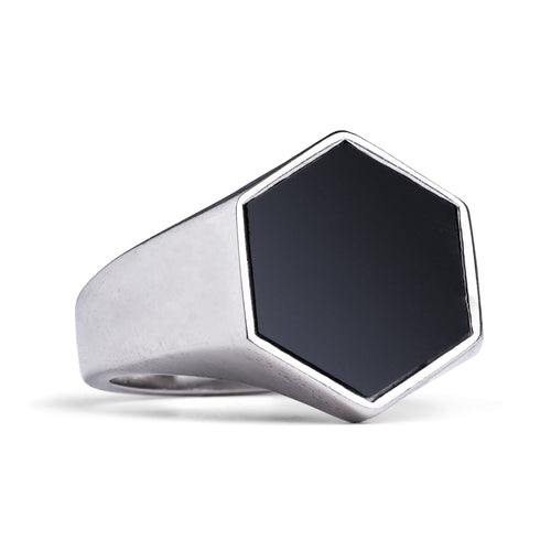 Silver Hexagon Black Onyx Ring