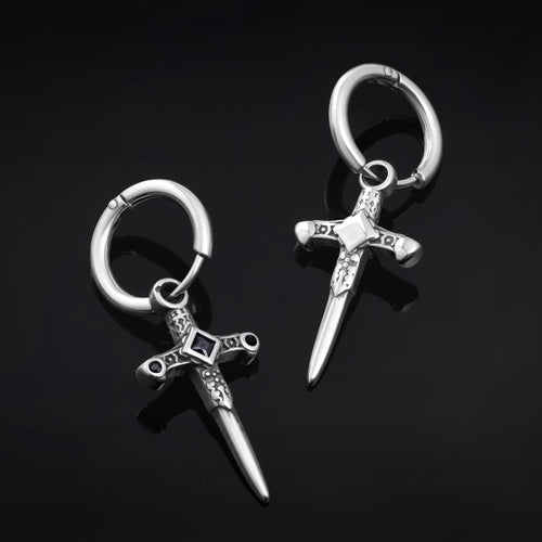 Stainless Steel Silver Huggie Hoop Earrings With Black Gem Sword Dangle (Pair)