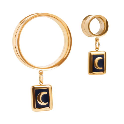 The Crescent Charm Gold Steel Double Flared Tunnel Dangle / Plug / Gauge