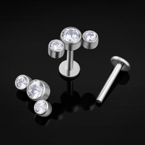 Titanium Internally Threaded Clear Triple Diamond Labret Cluster 1.2mm Gauge in Silver
