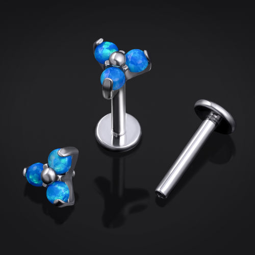 Titanium Internally Threaded Trinity Blue Opal Labret Cluster 1.2mm Gauge in Silver