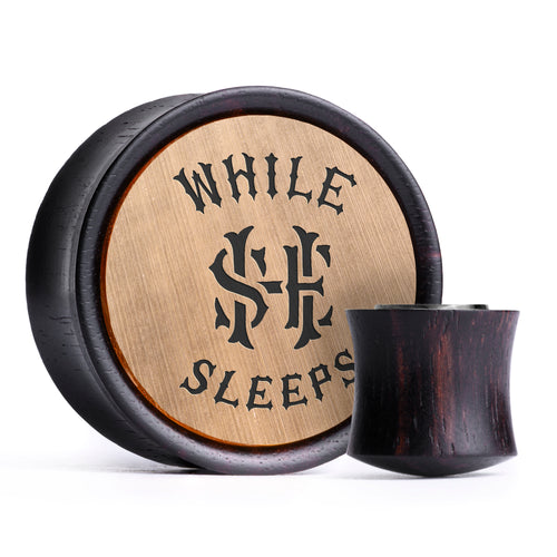 WSS Monogram Plug / Gauge - Brushed Gold & Black Inlay Ebony Wood | Convex Double Flare