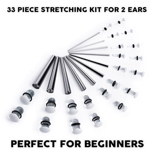 Beginners Ear Stretching Kit for Ears - 33 Piece Pack - Includes Surgical Steel Tapers & Clear - White Glass Plug / Gauge