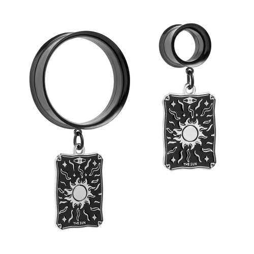 XIX - The Sun Silver Charm Black Steel Double Flared Tunnel Dangle / Plug / Gauge