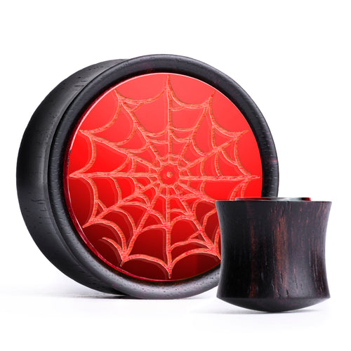 Spider Web Plug / Gauge - Red Inlay Ebony Wood | Convex Double Flare