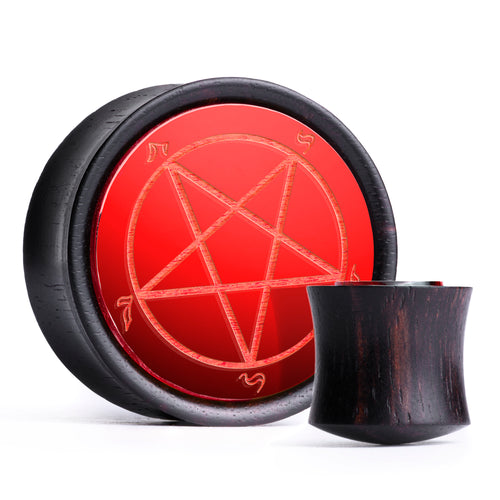 Pentagram Plug / Gauge - Red Inlay Ebony Wood | Convex Double Flare