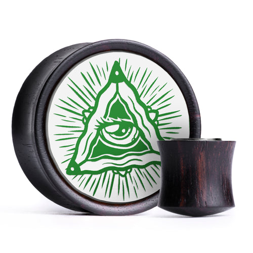 All Seeing Eye Plug / Gauge - Light Green & White Inlay Ebony Wood | Convex Double Flare