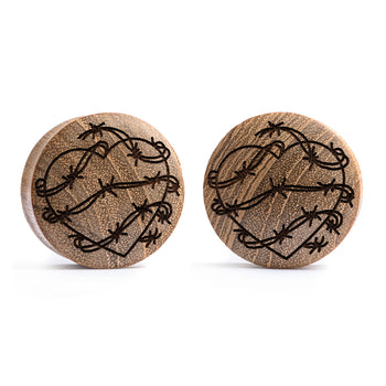 Barbed Wire Heart Plug / Gauge - Teak Wood | Convex Double Flare
