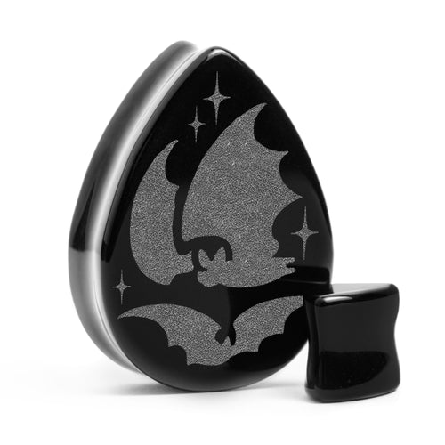 Bat Plug / Gauge - Teardrop Black Glass | Flat Faced Double Flare