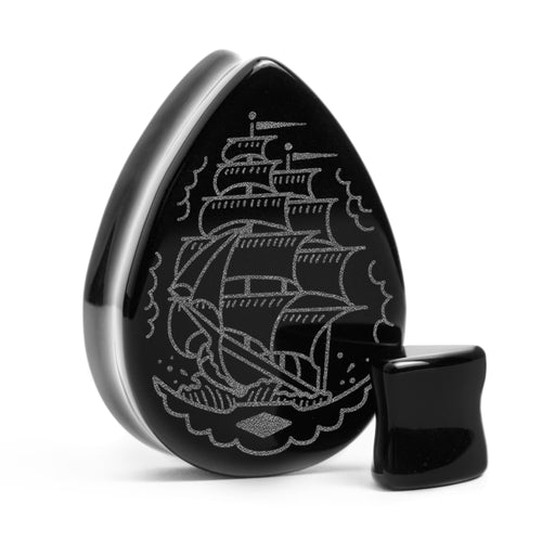 Pirate Ship Plug / Gauge - Teardrop Black Glass | Flat Faced Double Flare