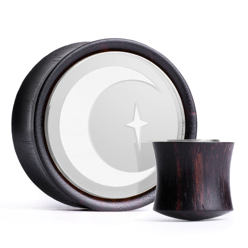 Crescent Moon Plug / Gauge - Silver Inlay Ebony Wood | Convex Double Flare