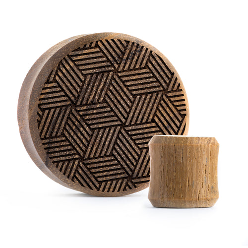 Cross Hatch Plug / Gauge - Teakholz | Doppelaufgeweitet mit flachem Gesicht