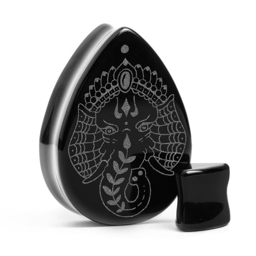 Elefant Plug / gauge - Tränenschwarzglas | Doppelaufgeweitet mit flachem Gesicht