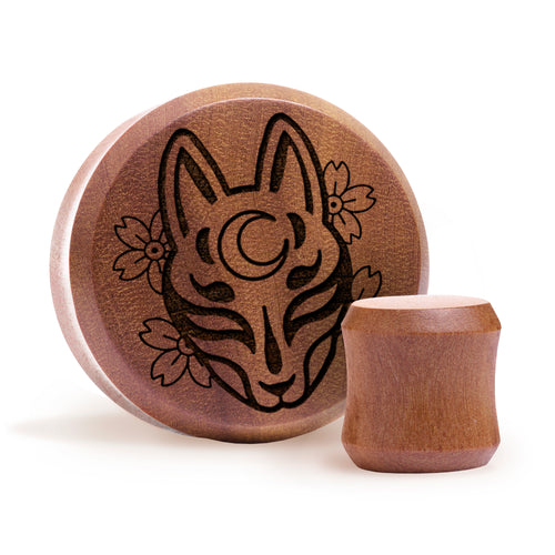 Kitsune Fox Mask Plug / Gauge - Saba Wood | Doppelaufgeweitet mit flachem Gesicht