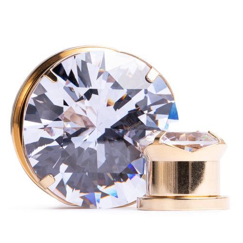 Gold Clear Diamond Metal Ear Gauge / Plug