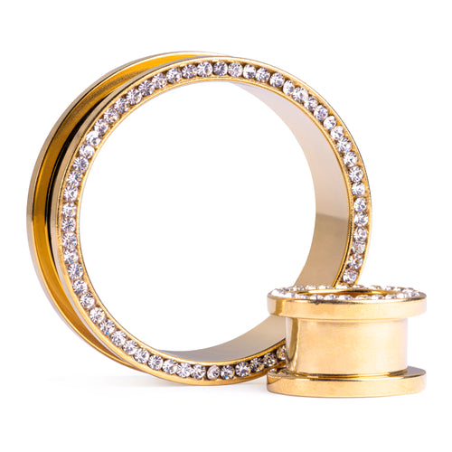 Gold Clear Diamond Screwback Stainless Steel Tunnel