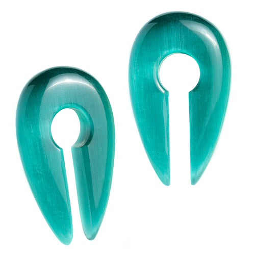 Green Cats Eye Glass - Pincer Keyhole Ear Weights (Pair)