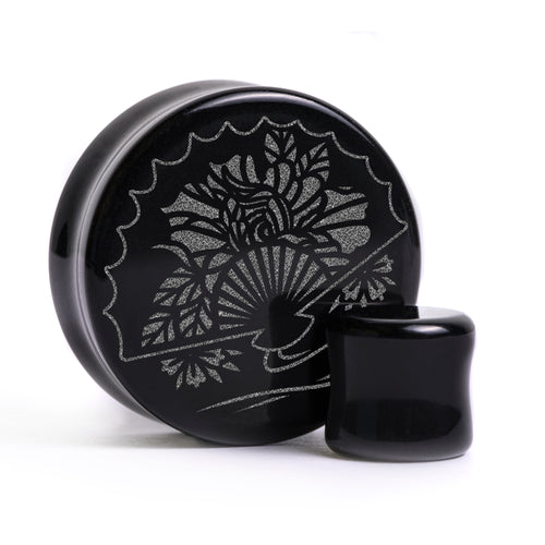 Japanese Fan Plug / Gauge - Black Glass | Flat Faced Double Flare