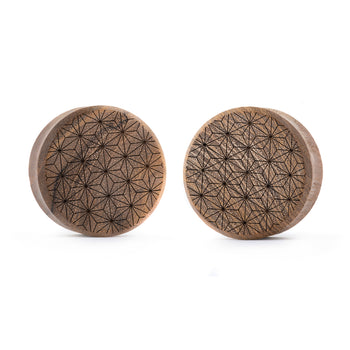 Linienmandala Zierstattoo Plug / gauge - Teakholz | Doppelaufgeweitet mit flachem Gesicht