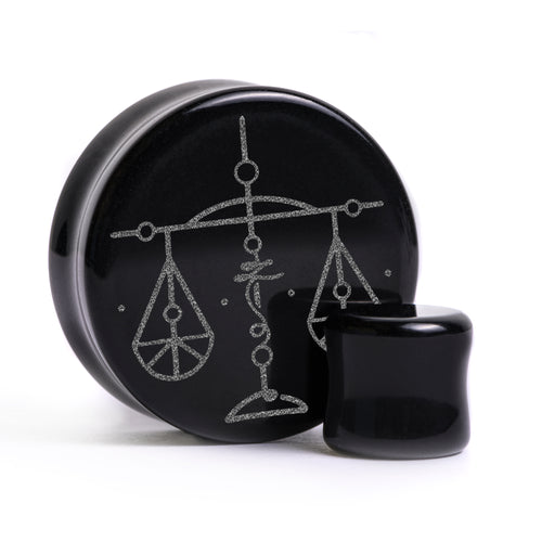 Libra Tierkreis plug / gauge - Schwarzes Glas | Doppelaufgeweitet mit flachem Gesicht