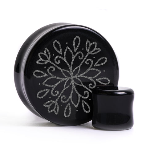 Linienmandala Zierstattoo Plug / gauge - Schwarzes Glas | Doppelaufgeweitet mit flachem Gesicht