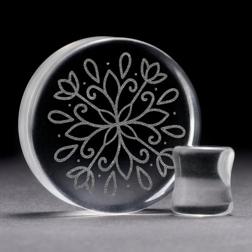Linework Mandala Ornamental Tattoo Plug / Gauge - Clear Glass | Flat Faced Double Flare