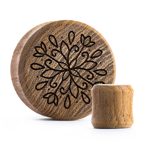 Linienmandala Zierstattoo Plug / gauge - Teakholz | Doppelaufgeweitet mit flachem Gesicht