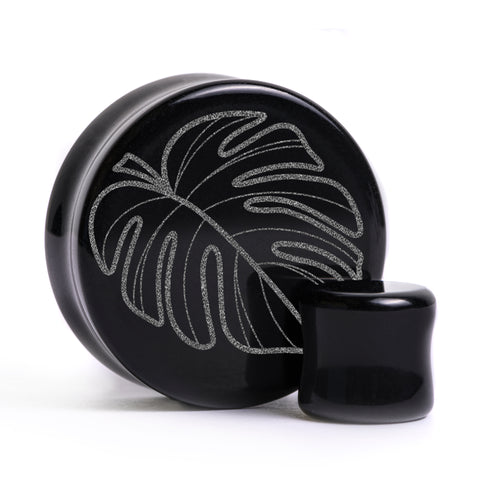 Monstera Plug / gauge - Schwarzes Glas | Doppelaufgeweitet mit flachem Gesicht
