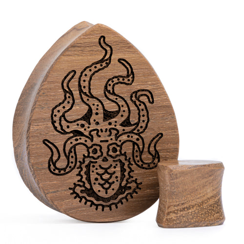 Oktopus -Plug / Gauge - Teakrop -Teakholzholz | Doppelaufgeweitet mit flachem Gesicht