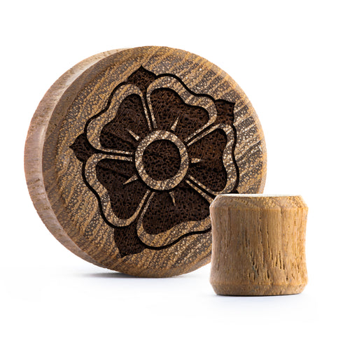 Alte Schule Blumenplug / gauge - Teakholz | Doppelaufgeweitet mit flachem Gesicht