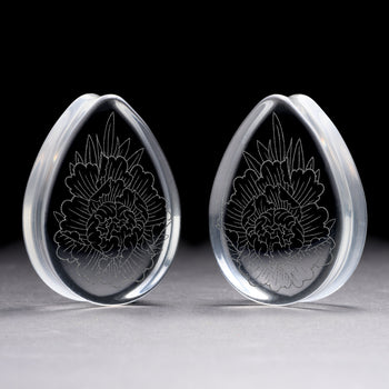 Pfingstrosenplug / gauge - Tränenschwarzglas | Doppelaufgeweitet mit flachem Gesicht