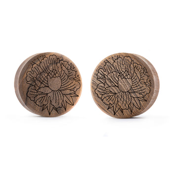 Linienmandala Zierstattoo Plug / gauge - Teakholz | Doppelaufgeweitet mit flachem Gesicht