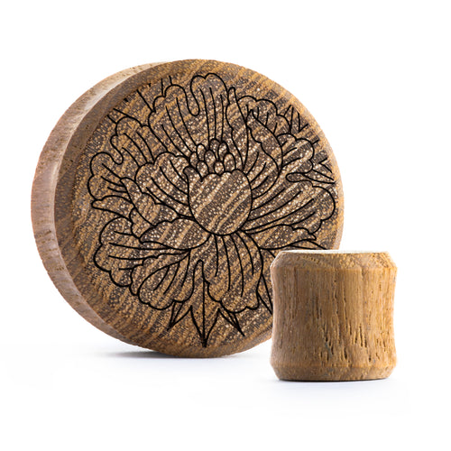 Pfingstrosenplug / Gauge - Teakholz | Doppelaufgeweitet mit flachem Gesicht