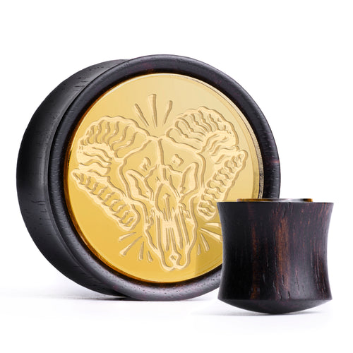 Ram Skull Plug / Gauge - Gold Inlay Ebony Wood | Convex Double Flare