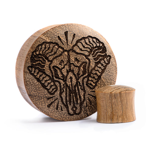 Ram Skull Plug / Gauge - Teak Wood | Convex Double Flare