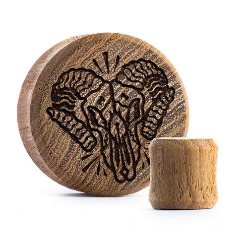 Ram Skull Plug / Gauge - Teak Wood | Flat Faced Double Flare