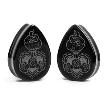 Sacred Heart Plug / gauge - Tränenschwarzglas | Doppelaufgeweitet mit flachem Gesicht