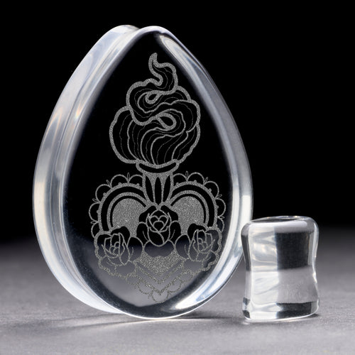 Sacred Heart Plug / Gauge - Teardrop Clear Glass | Flat Faced Double Flare