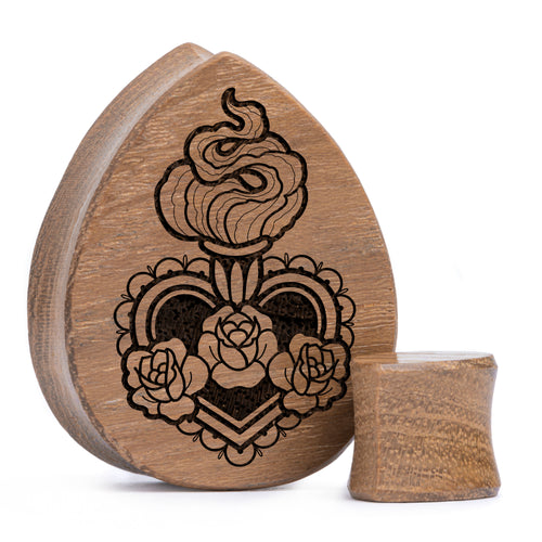 Sacred Heart Plug / gauge - Teakel Teakholz | Doppelaufgeweitet mit flachem Gesicht