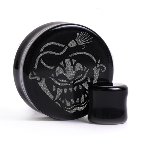 Samurai Oni Plug / Gauge - Schwarzes Glas | Doppelaufgeweitet mit flachem Gesicht