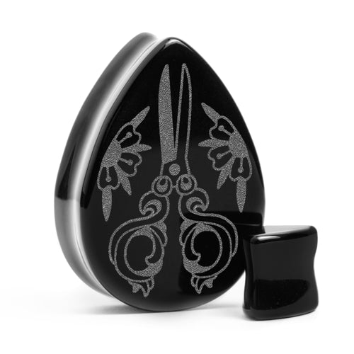 Schere plug / gauge - Tränenschwarzglas | Doppelaufgeweitet mit flachem Gesicht