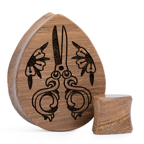 Scissors Plug / Gauge - Teardrop Teak Wood | Flat Faced Double Flare