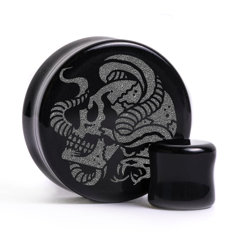 Snake Skull Plug / Gauge - Black Glass | Flat Faced Double Flare