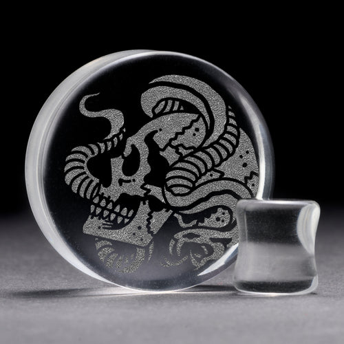 Snake Skull Plug / Gauge - Clear Glass | Flat Faced Double Flare