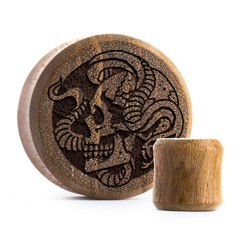 Snake Skull Plug / Gauge - Teak Wood | Flat Faced Double Flare