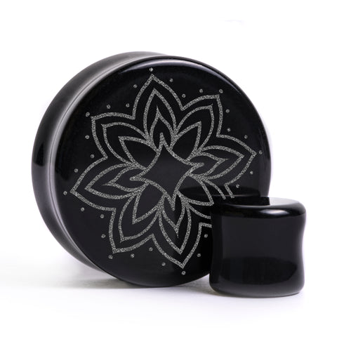 Starburst Mandala Ornamental Tattoo Plug / Gauge - Black Glass | Flat Faced Double Flare
